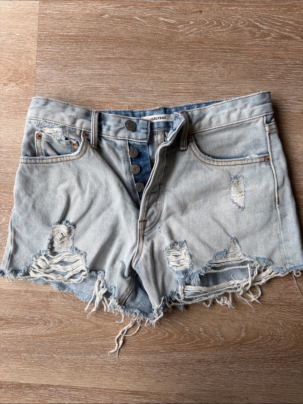 GRLFRND Light Wash Distressed Denim Jean Shorts